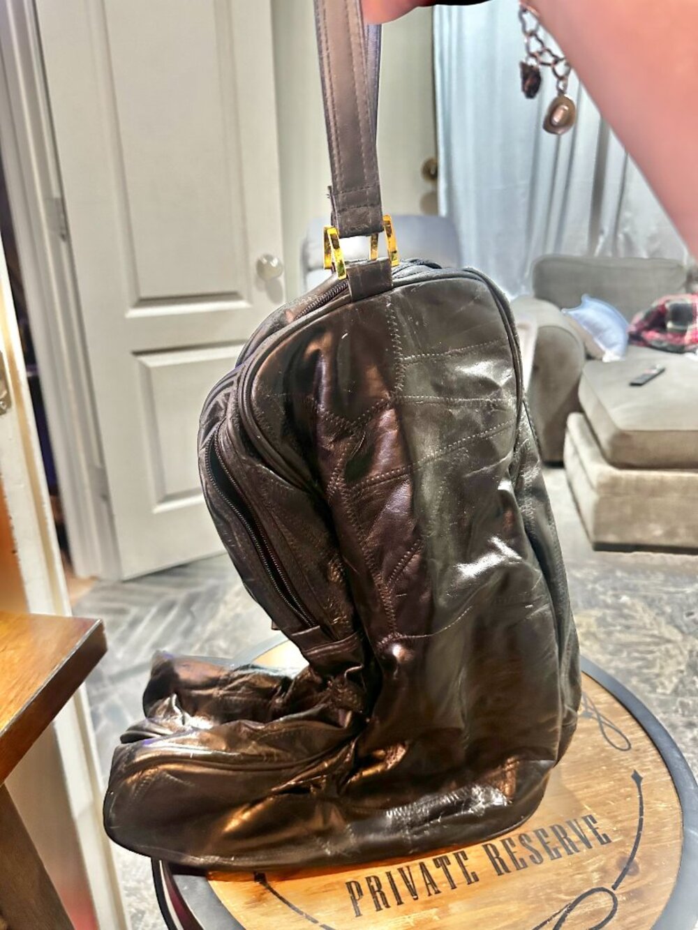 Vintage Black Genuine Leather Patchwork Tall Boot Storage & Travel Bag